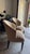 Modern Pair of Donghia Shadow Arm Chairs Upholstered Fabric in Neutral Tan/Gold Subtle Leaf Pattern For Sale - Image 3 of 6