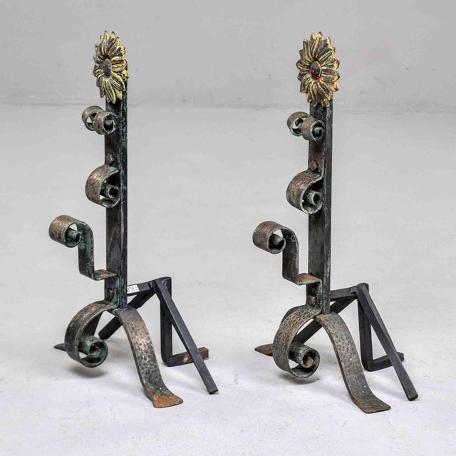 Arts & Crafts Pair Early 20th Century Sunflower Andirons & Poker For Sale - Image 3 of 11