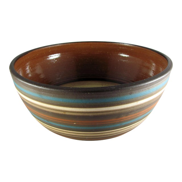 1970s Israel Rina Peleg Style Blue & Brown Striped Studio Art Pottery Salad Bowl For Sale