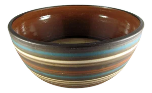 1970s Israel Rina Peleg Style Blue & Brown Striped Studio Art Pottery Salad Bowl