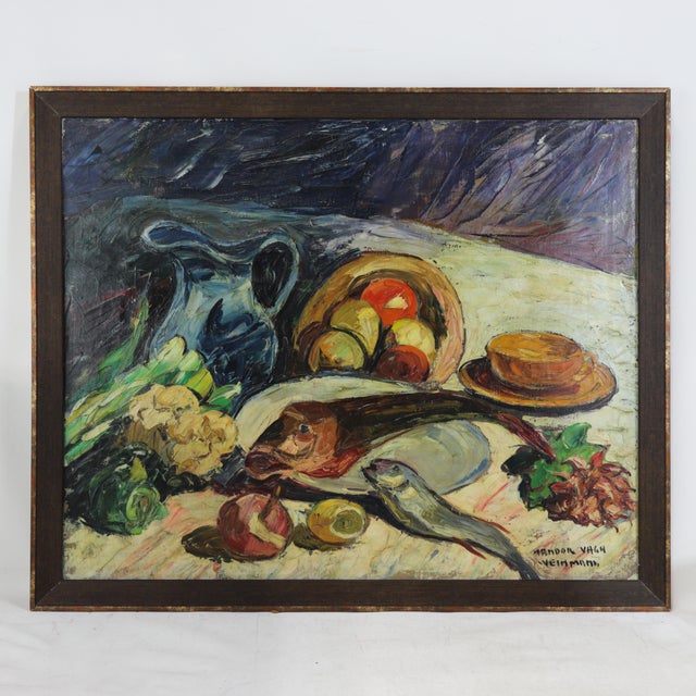 Nandor Vagh Weinmann Original Still Life Oil Painting - Fish, Fruit, and Blue Jug For Sale - Image 14 of 14