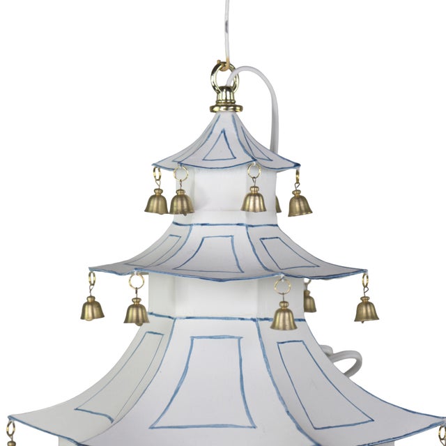 A Three-Tiered Pagoda-Topped Lantern Chandelier Adorned With Blue Details and Gold Hanging Bells. For Sale In New York - Image 6 of 9