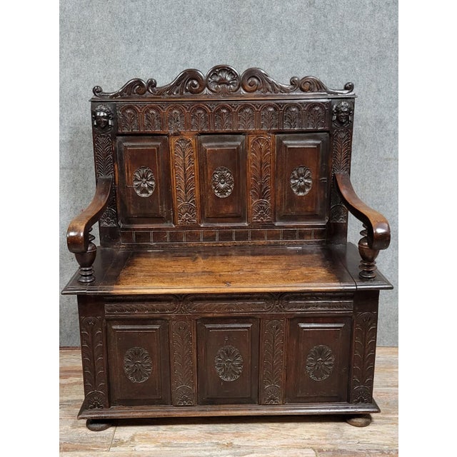 Renaissance Style Neo-Gothic Wooden Bench with Chest, 19th Century For Sale - Image 9 of 9