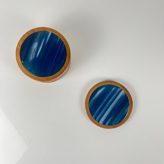 1970s Mid-Century Modern Coasters in Blue Agate and Wood, 1960s, Set of 6 For Sale - Image 5 of 8