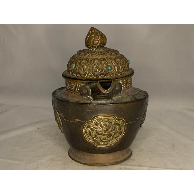 19th Century Antique Chinese Tibetan Dragon Teapot: Mixed Metals, Turquoise Jewels For Sale - Image 5 of 10