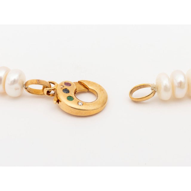 Metal 18k Rose Gold, Multicolor Gemstones, and Button Pearl Necklace For Sale - Image 7 of 8