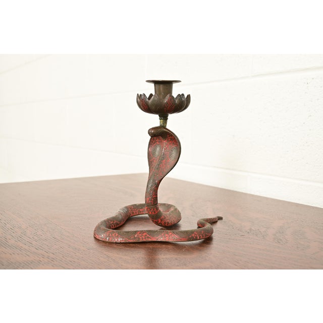 Art Deco Enameled Bronze Cobra Snake Candlestick For Sale - Image 3 of 15