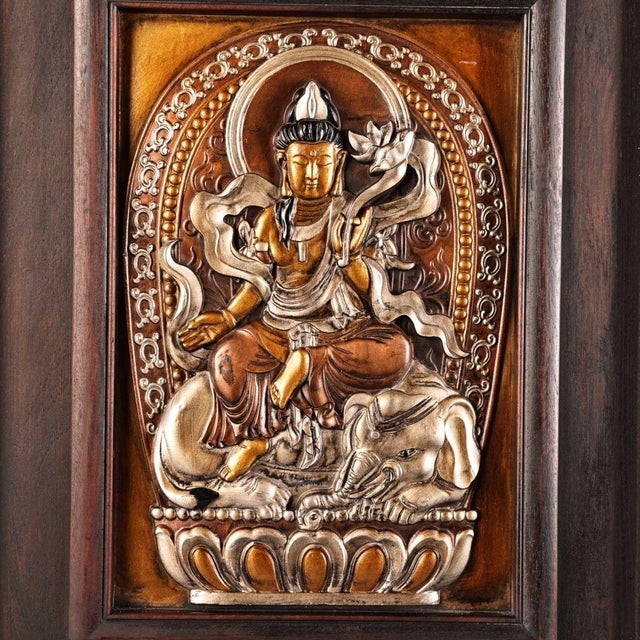 Traditional Late 19th Century Wooden Framed Repoussé Copper Thangka Plaque, Gold & Silver, 1.4kg For Sale - Image 3 of 7