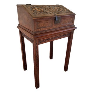 Antique English Slant Top Bible Box Desk Stand Jacobean Carved Oak Lectern C1890 For Sale