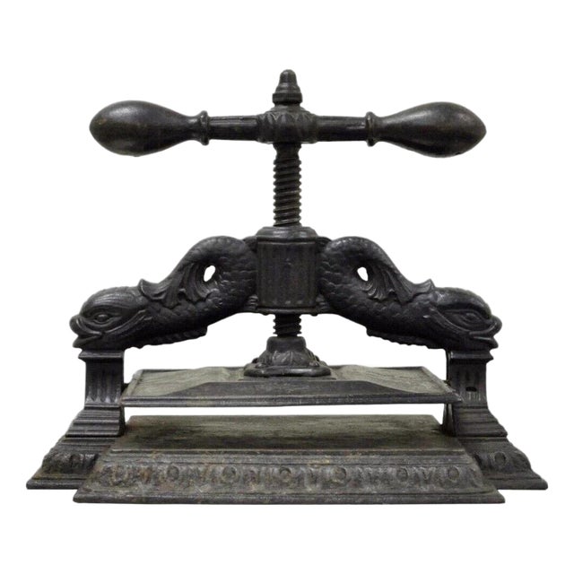 Antique 19th C. Cast Iron Classical Figural Dolphin Victorian Book Press For Sale