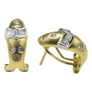 The Bekans: Ladies 14K Two Tone Huggie Style Earrings set with Diamonds, 2 Pieces For Sale
