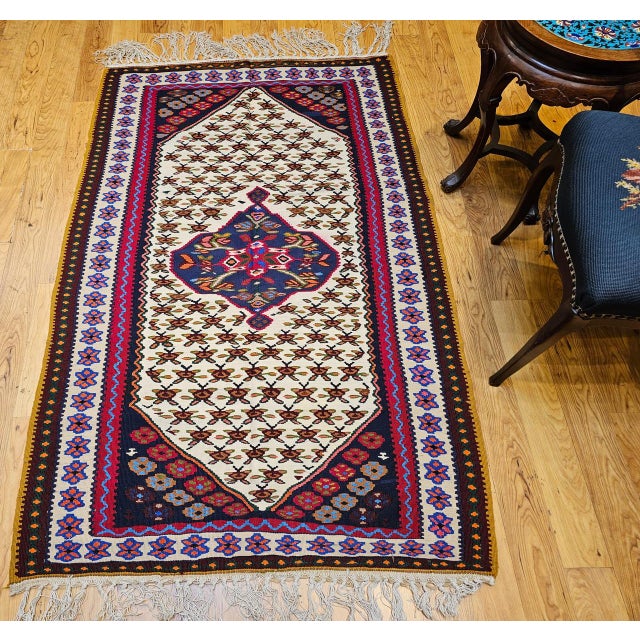 Vintage Persian Senneh Kilim Area Rug, Handwoven Wool, Floral Pattern, Ivory & Red, 3x5 For Sale - Image 15 of 15