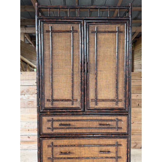 Bloomingdale's Vintage British Colonial Faux Bamboo and Grasscloth Armoire Cabinet With Drawers For Sale - Image 4 of 12