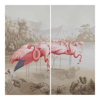 36" * H96" * 2ps, Neoclassical Hand-Painted Flamingo Colony Tropical Wetland Mural For Sale