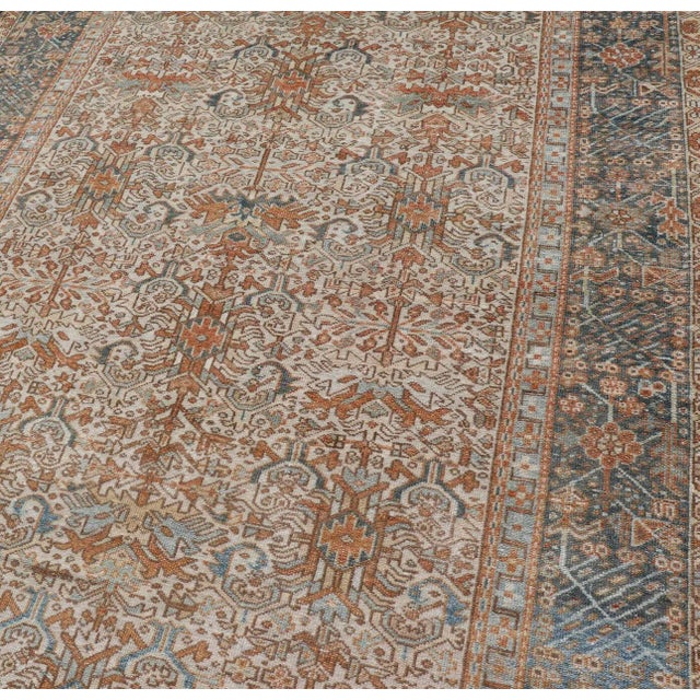 Antique Persian Gallery Heriz Rug With Geometric Design in Copper and Blue 5'1 X 12'3 For Sale - Image 13 of 15