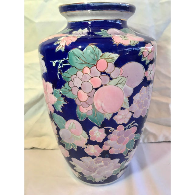 Blue Vintage Floral and Fruit Chinoiserie Blue Gold Pink Jardiniere Vase For Sale - Image 8 of 12