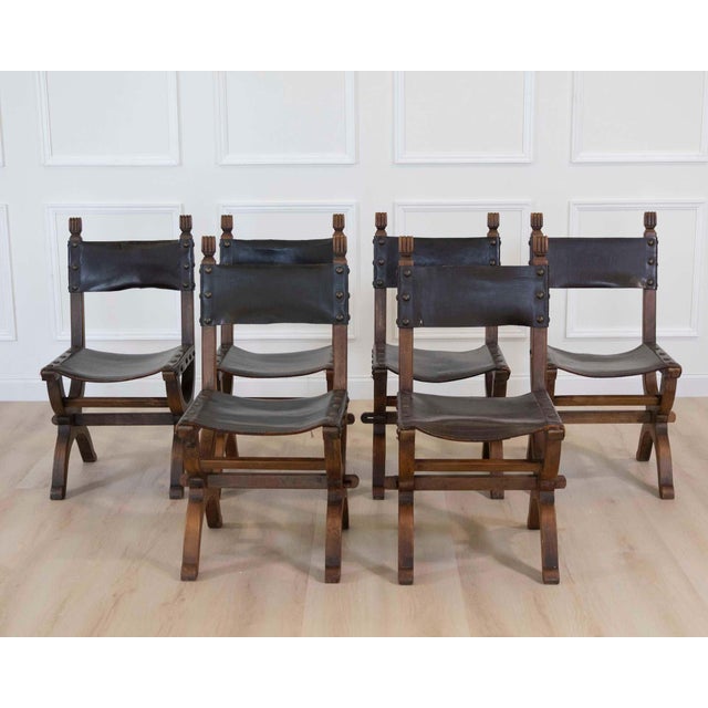 Mid 20th Century Set of Six Mid-20th Century Spanish Walnut and Leather Dining Chairs For Sale - Image 5 of 9
