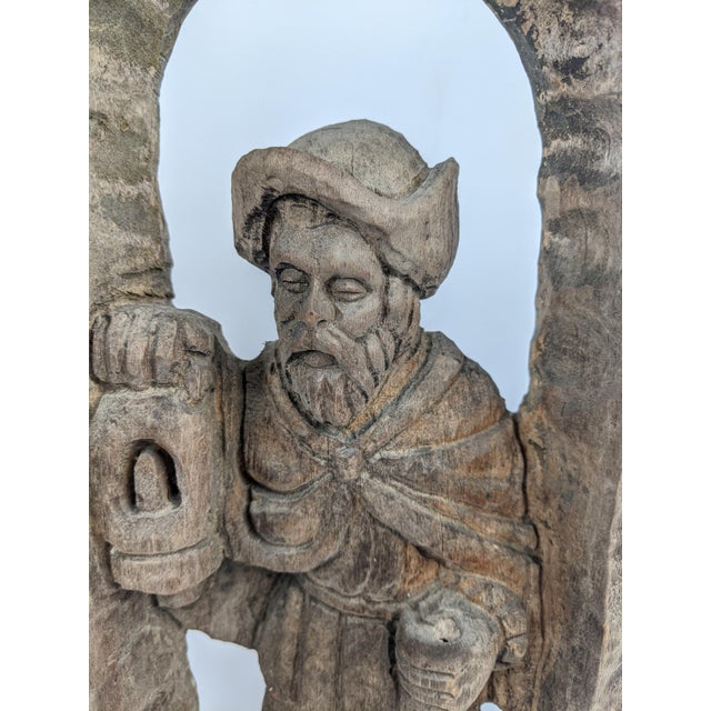 Pair of Mid-Century European Hand-Carved Wood Watchman Figural Relief Panels, Brown For Sale In New York - Image 6 of 12