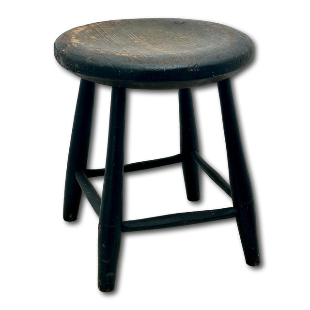 Very Nice Hand Made Antique American Primitive Pine Wood Footstool With Excellent Original Old Black Paint For Sale - Image 11 of 18