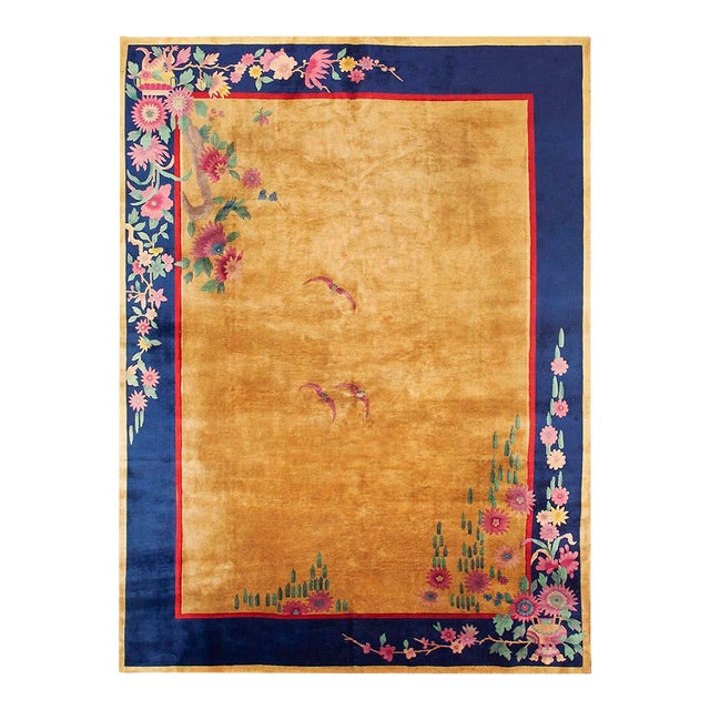 1920s Antique Warm Gold Ground Floral Modern Knotted Chinese Art Deco Carpet Rug For Sale