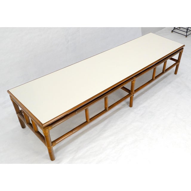 Mid Century c1970s Rattan Bamboo White Formica Top 72” Long Coffee Table MINT For Sale - Image 15 of 15
