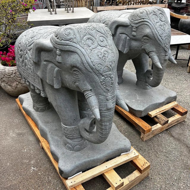 Asian Pair of Vintage Stone Carved Elephant Statues For Sale - Image 3 of 12