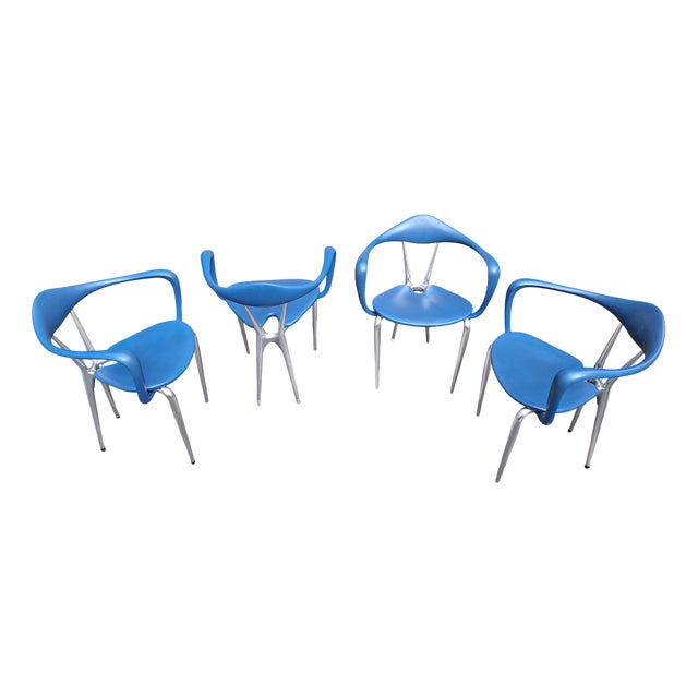Vintage Armchairs in Aluminum and Blue Foam Material by Ferdinand Alexander Porsche for Ycami Edizioni, 1980s, Set of 4 For Sale