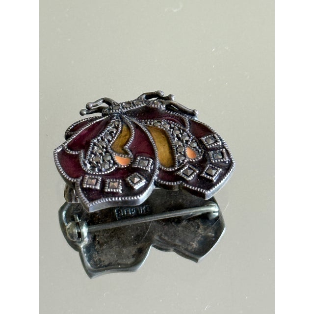 Mid 20th Century Mid Century Sterling Silver JMS Enamel and Marcasite Butterfly Brooch For Sale - Image 5 of 13