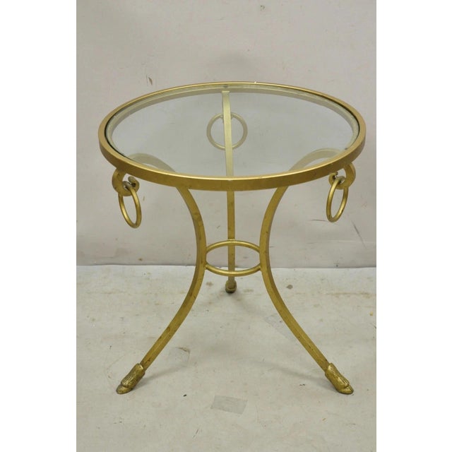 Decorator Italian Neoclassical Style Gold Hoof Foot Round Occasional Side Table. Item features an inset round glass top,...