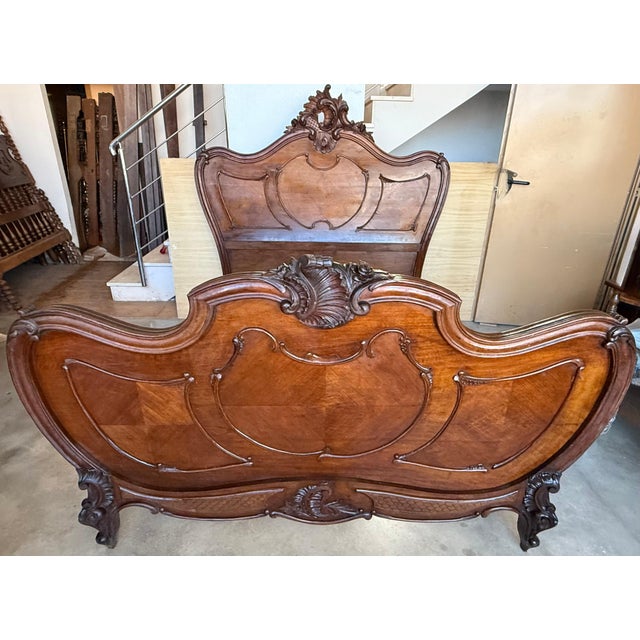 Louis XV Style French Solid Carved Walnut Queen Size Bed For Sale - Image 4 of 18