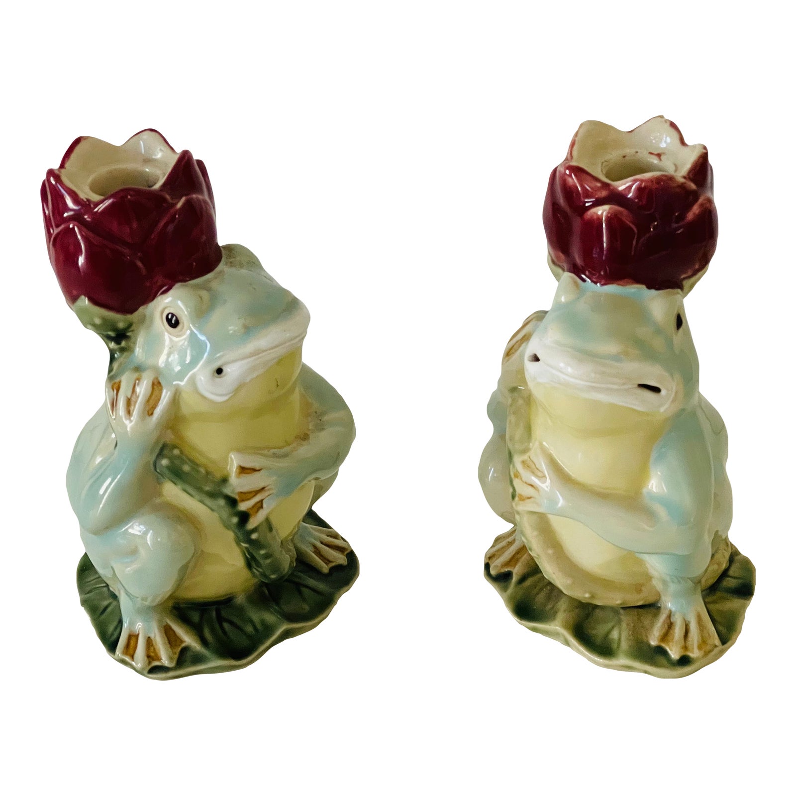 Costal Decor Pair of Vintage Majolica Frog Candlesticks | Chairish