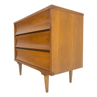 Compact 3 Drawer Walnut Concave Drawer Front Mid Century Bachelor Chest Dresser For Sale