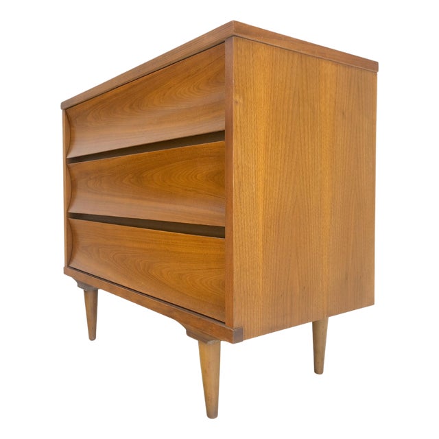 Compact 3 Drawer Walnut Concave Drawer Front Mid Century Bachelor Chest Dresser For Sale
