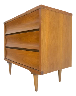 Compact 3 Drawer Walnut Concave Drawer Front Mid Century Bachelor Chest Dresser