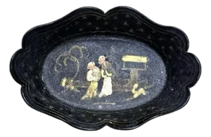Antique Petite Chinoiserie Hand Painted Scalloped Lacquered Papier-Mâché / Japaned Vide Poche / Valet / Trinket Dish / Gaming Card / Pin Tray