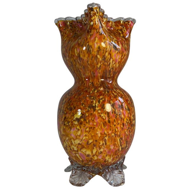 Murano Antique Franz Welz Style Art Glass Orange Confetti Vase With Crimped Lip For Sale - Image 4 of 18