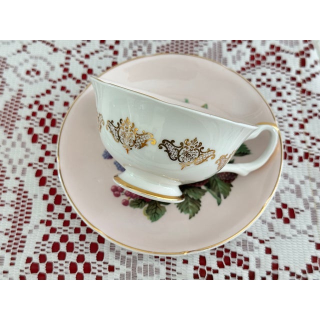 1950s Royal Grafton Wide Mouth Teacup Set, Pale Pink With Fruit Interior For Sale - Image 9 of 9