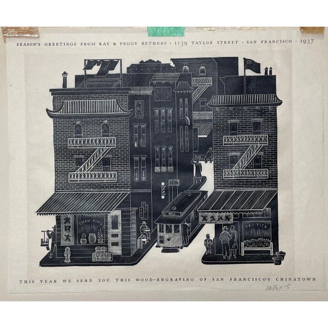 Original 1937 Ray Bethers 'san Francisco's Chinatown' Wood Engraving - Trolley For Sale - Image 12 of 12