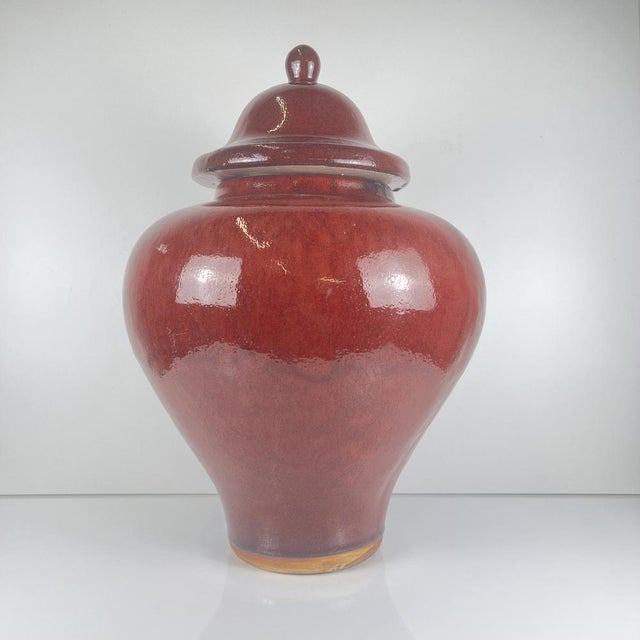 Large Vintage Japanese Oxblood Red Glazed Ceramic Covered Jar, 1950s For Sale - Image 6 of 17