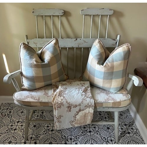 French Country French Country Distressed Toile High Back Bench For Sale - Image 3 of 9