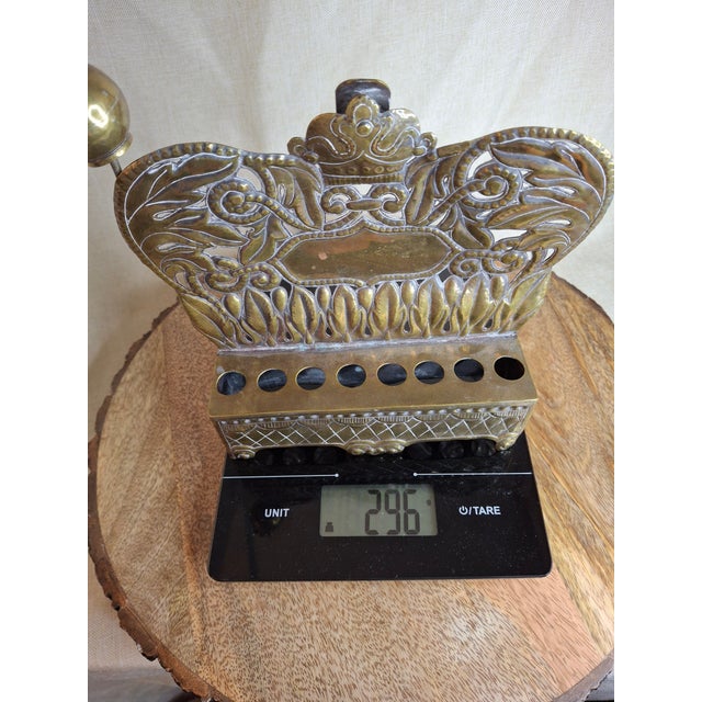 Rare 19thC Polish Brass Hanukkah Menorah Oil Lamp Crown Lions Judaica For Sale - Image 12 of 12
