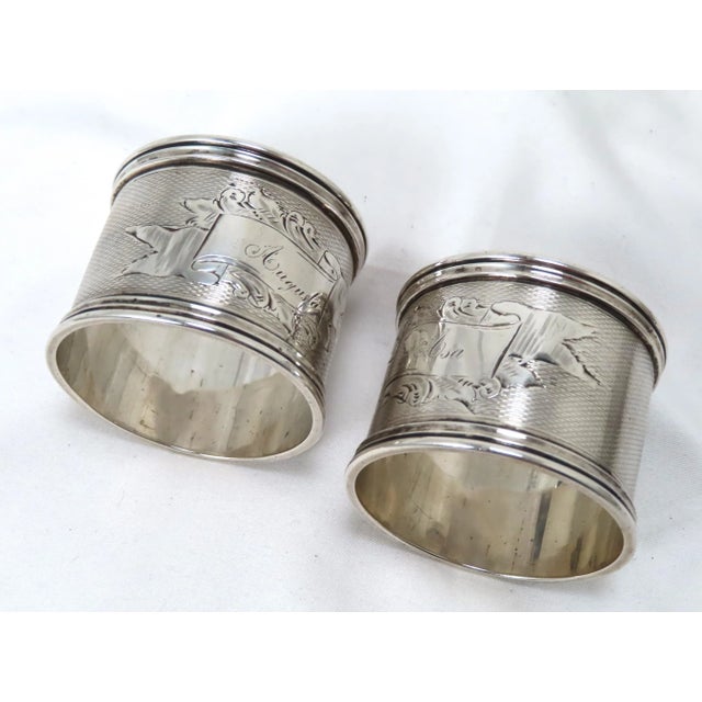 Antique American Victorian Hand Engraved Sterling Silver Wedding Napkin Rings for Asa & Augusta For Sale In Boston - Image 6 of 13