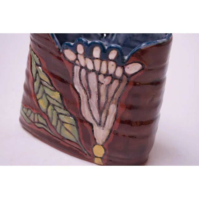 Red Midcentury Studio Terracotta Floral Vase Signed For Sale - Image 8 of 12