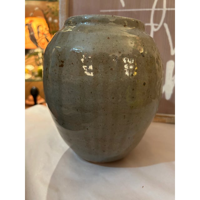 1980s Vintage Rustic Weathered Look Green Glazed Pottery Vase For Sale In Saint Louis - Image 6 of 6