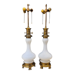 1920 French Opaline Glass Table Lamps With Bronze Base - a Pair