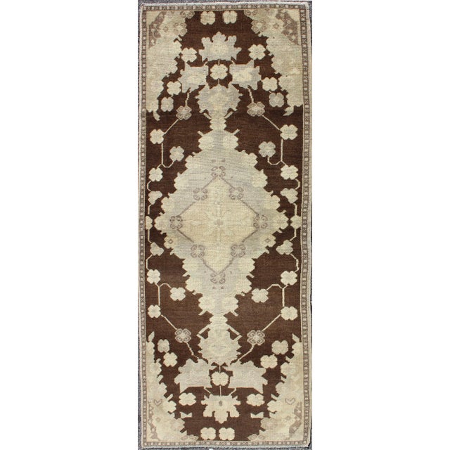 Textile Vintage Turkish Oushak Runner With Dark Mocha Field and Soft Beige Design 2′10″ × 7′5″ For Sale - Image 7 of 7