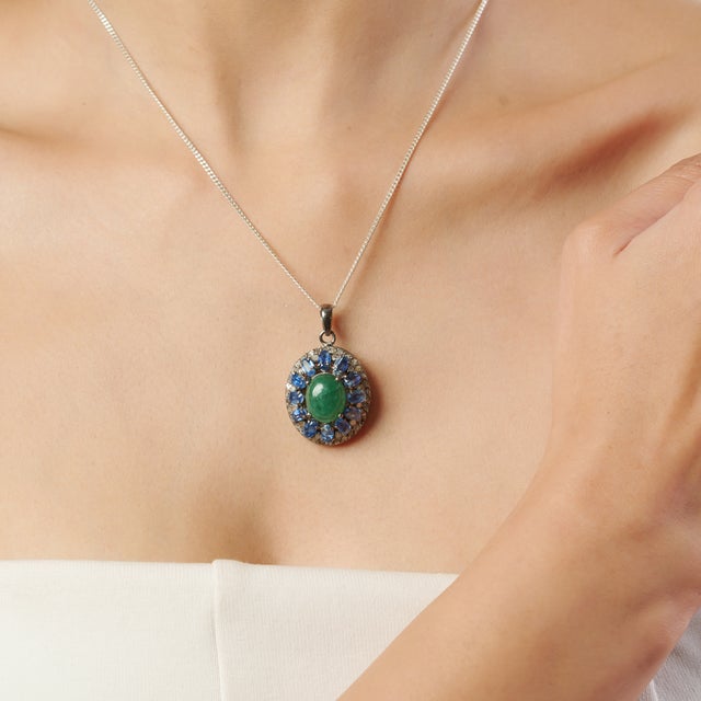 Modern-Style Emerald and Kyanitre Oval Statement Pendant for Women For Sale - Image 6 of 11