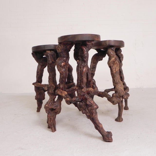 Set of 3 handmade bar stools with natural vine wood and solid oak seats. Very decorative stools for the man cave or home...