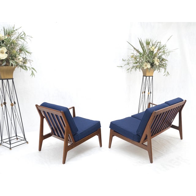 Blue Danish Mid-Century Modern New Upholstery Walnut Frames Sofa & Chair Set Mint! For Sale - Image 8 of 15