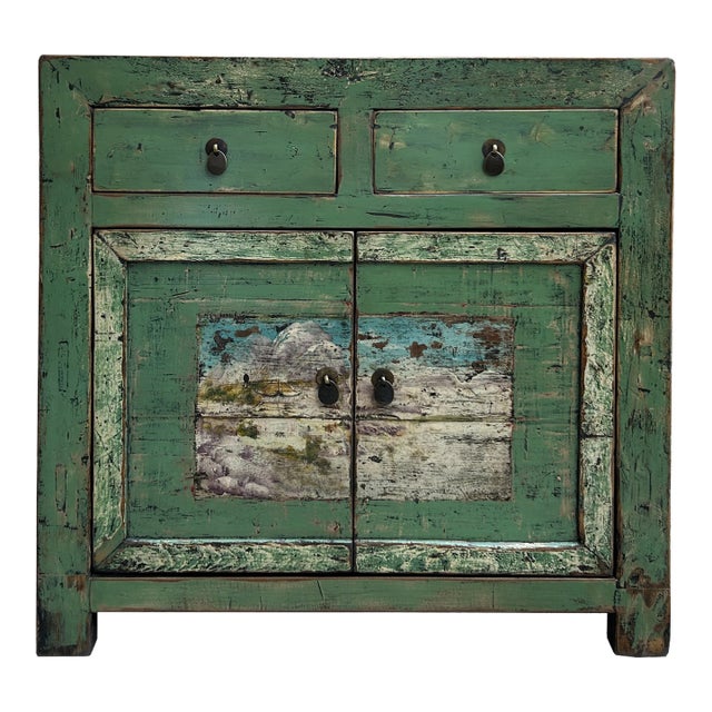 Chinese Distressed Apple Green Graphic Sideboard Console Cabinet For Sale